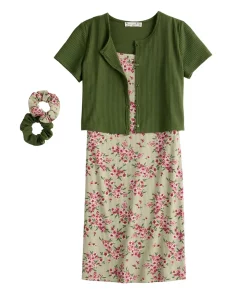 Girls 7-16 Knit Works Cardigan & Dress Set with Scrunchies in Regular & Plus Size